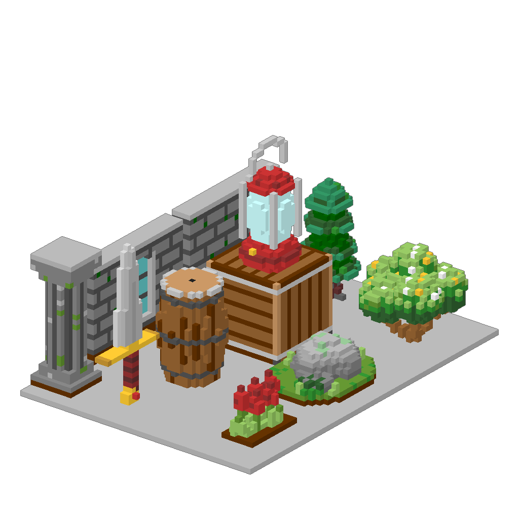 A voxel diorama: a stone wall, a lantern on a crate, a barrel, a pine tree, a boulder and a sword, all built from shapes that ship with the add-on.
