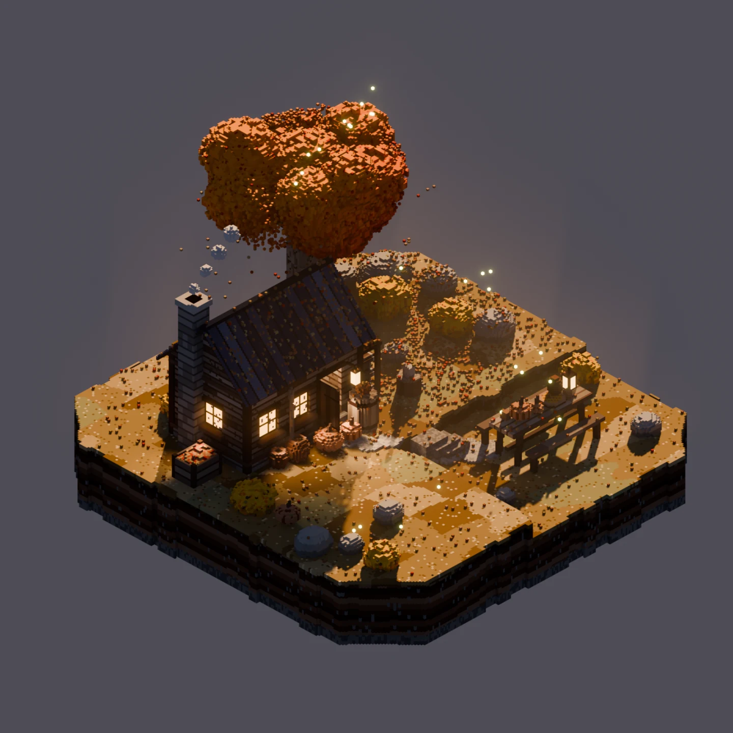 An autumn voxel cabin at dusk with lantern light.