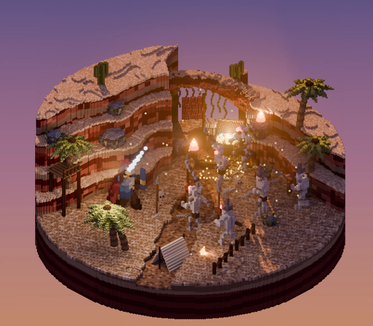 A voxel desert canyon with a hero facing skeletons.