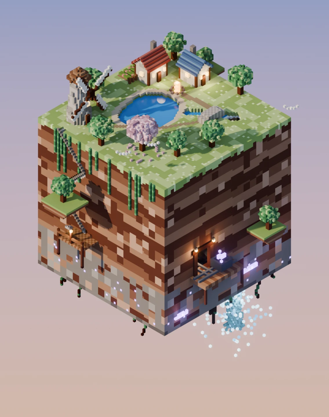 A low-poly floating voxel cube world.