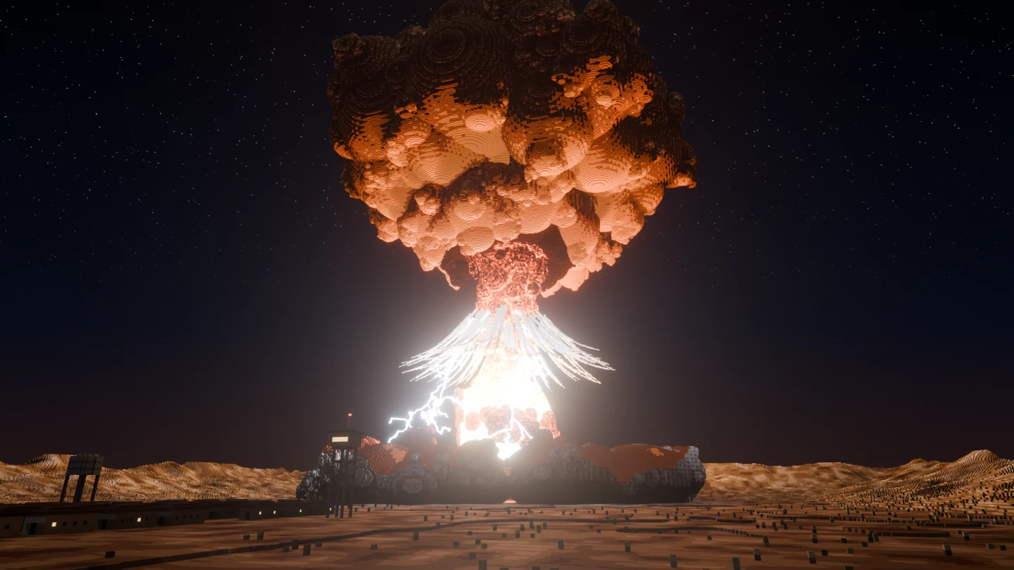 A voxel mushroom cloud lit by its own fireball and lightning over a night desert.