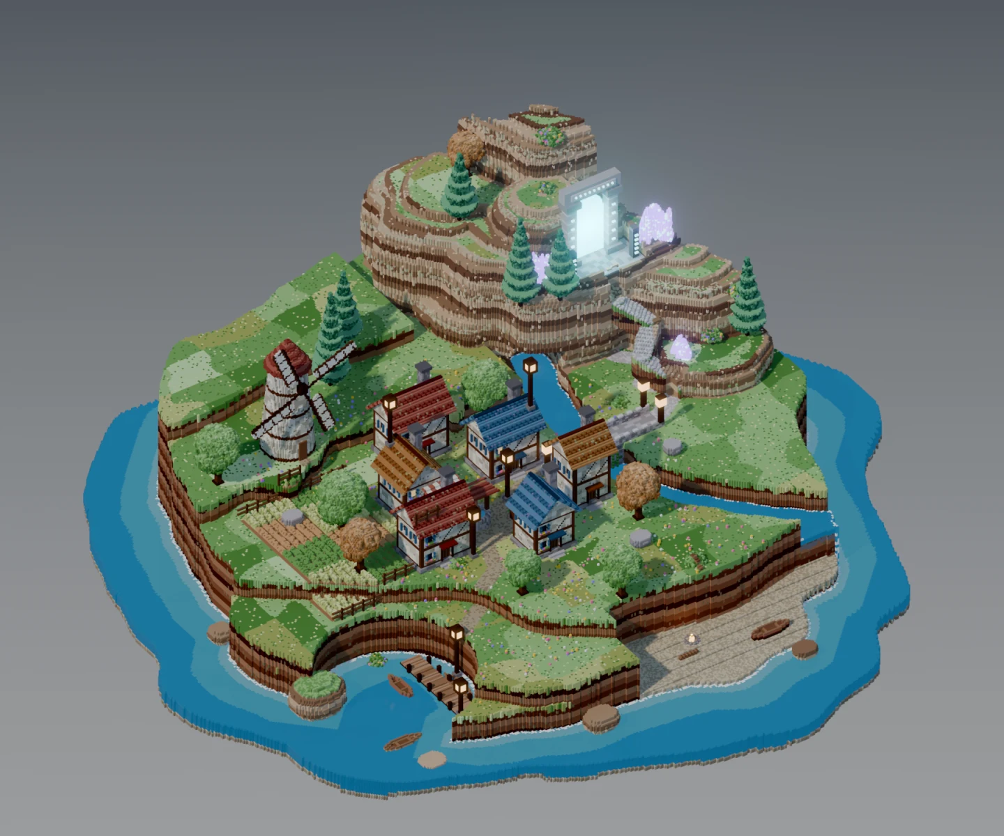 A voxel island village with painted shallows.