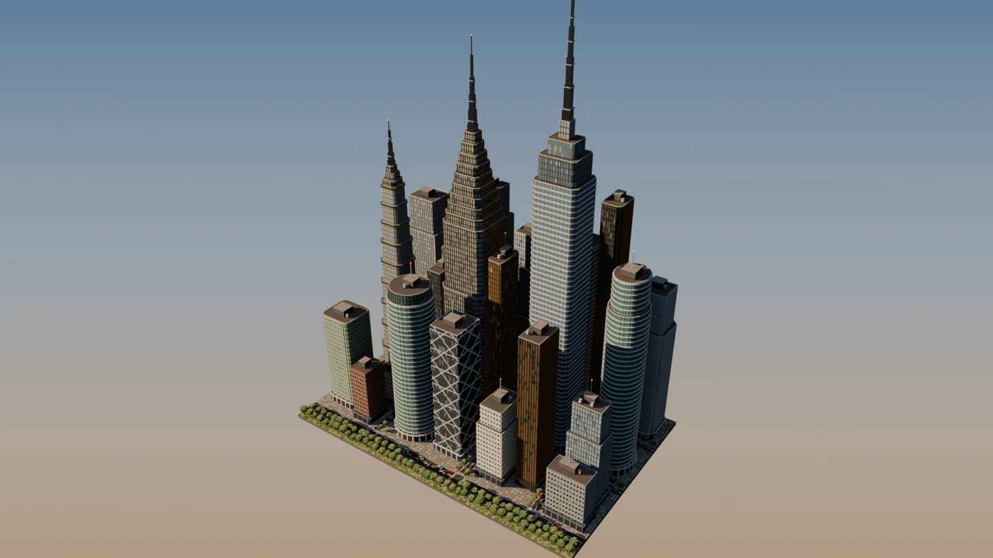 An aerial view of a voxel downtown of skyscrapers on a floating city block at golden hour.