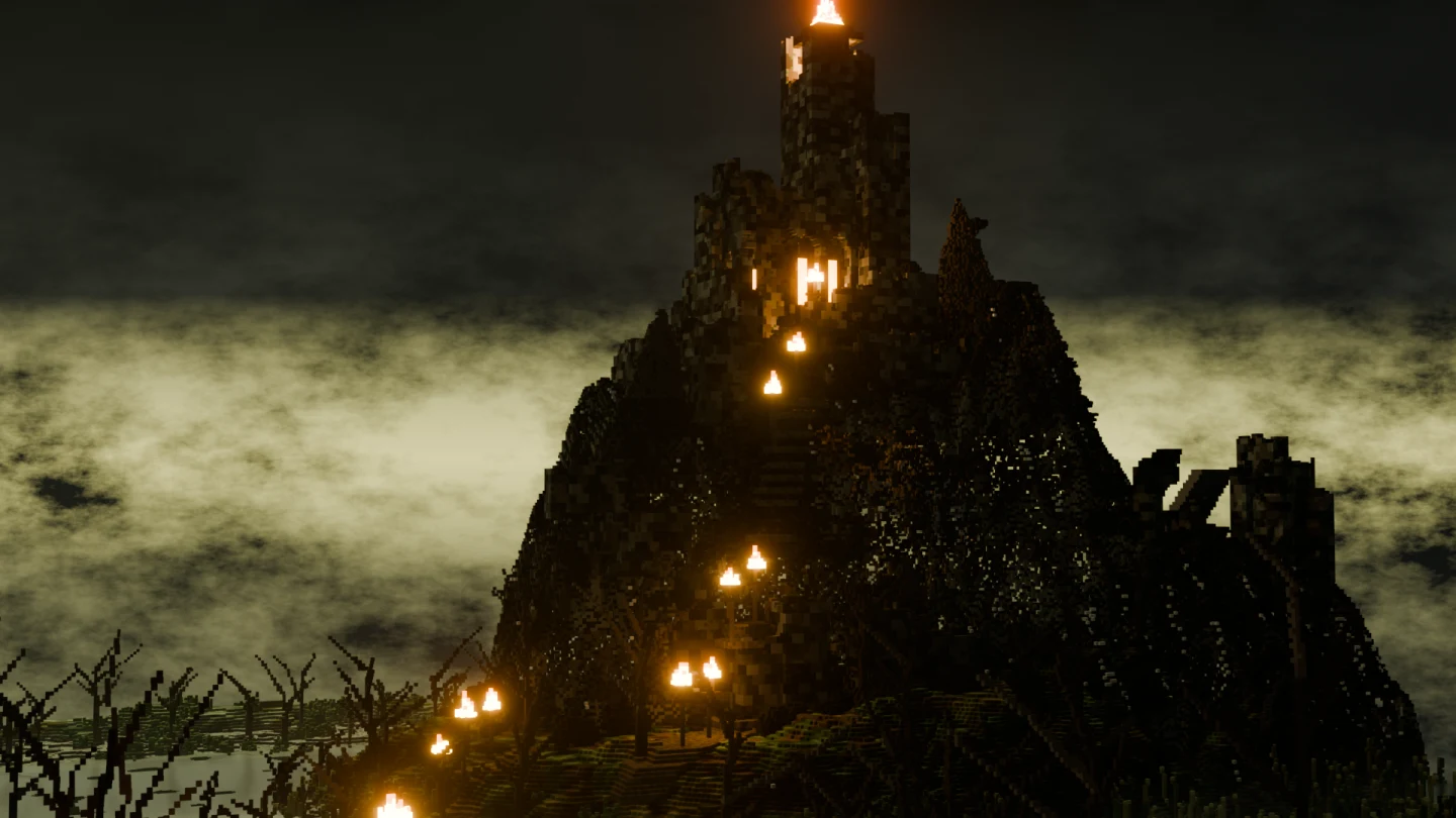 A burnt voxel fortress on a rock outcrop, lit by fires, above a drowned marsh at dusk.
