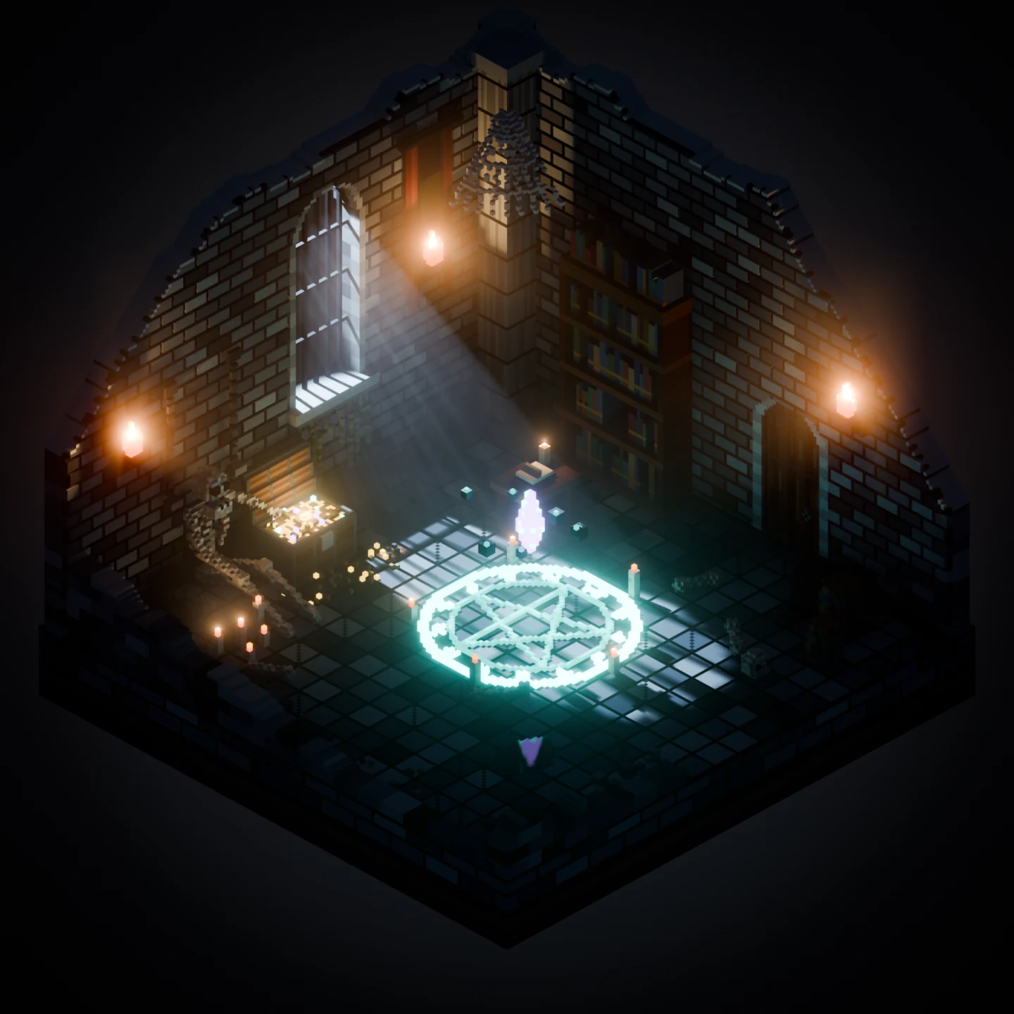 A moonlit voxel crypt interior with a glowing summoning circle.