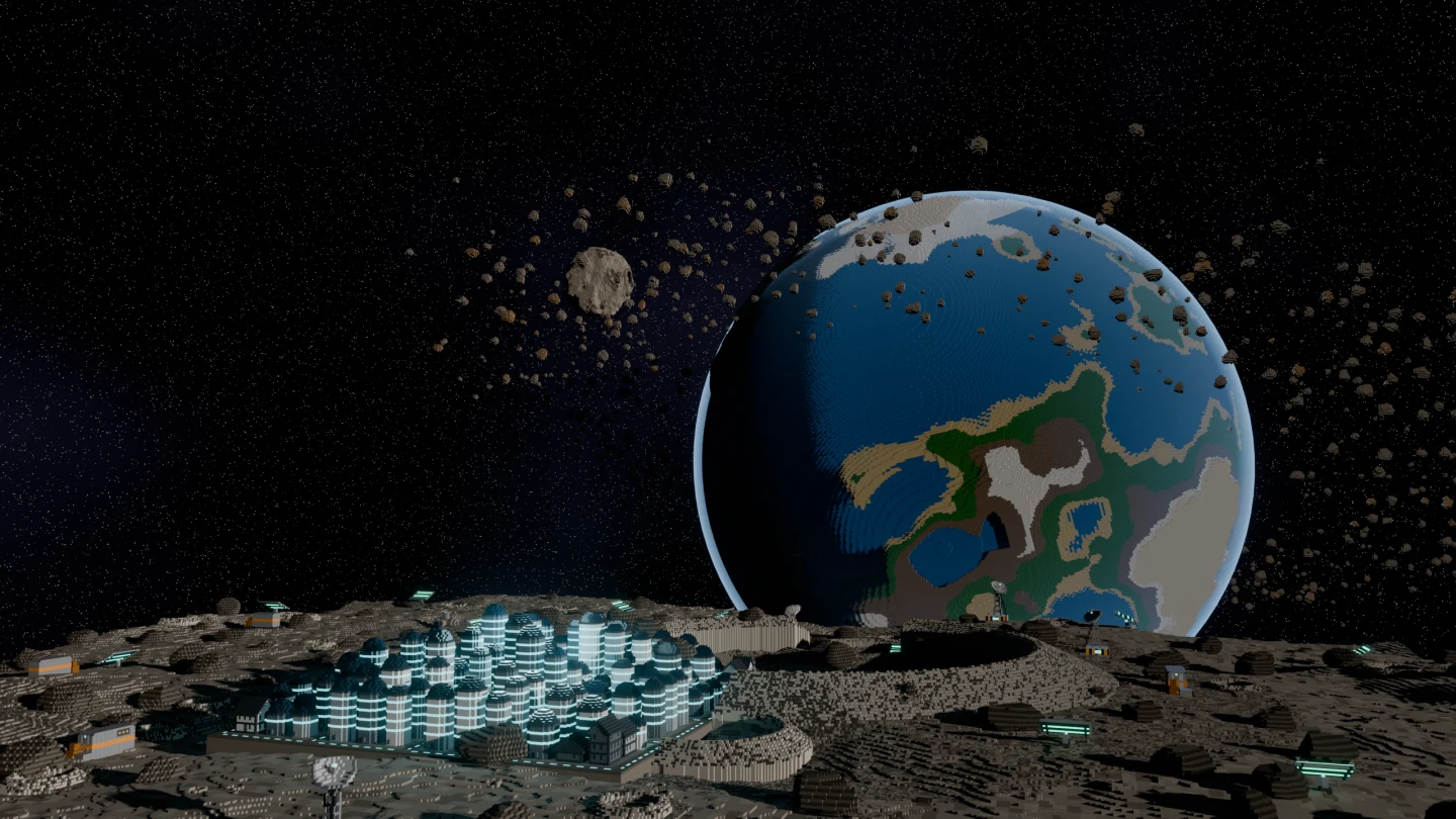 A wider view of the voxel moon outpost, the asteroid ring and the planet behind it.