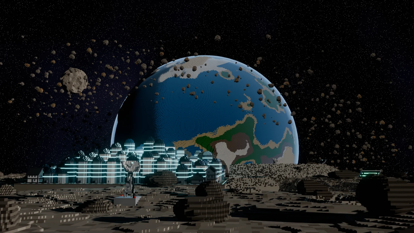 A blue voxel planet rising over a cratered moon, with a glowing outpost on the surface.