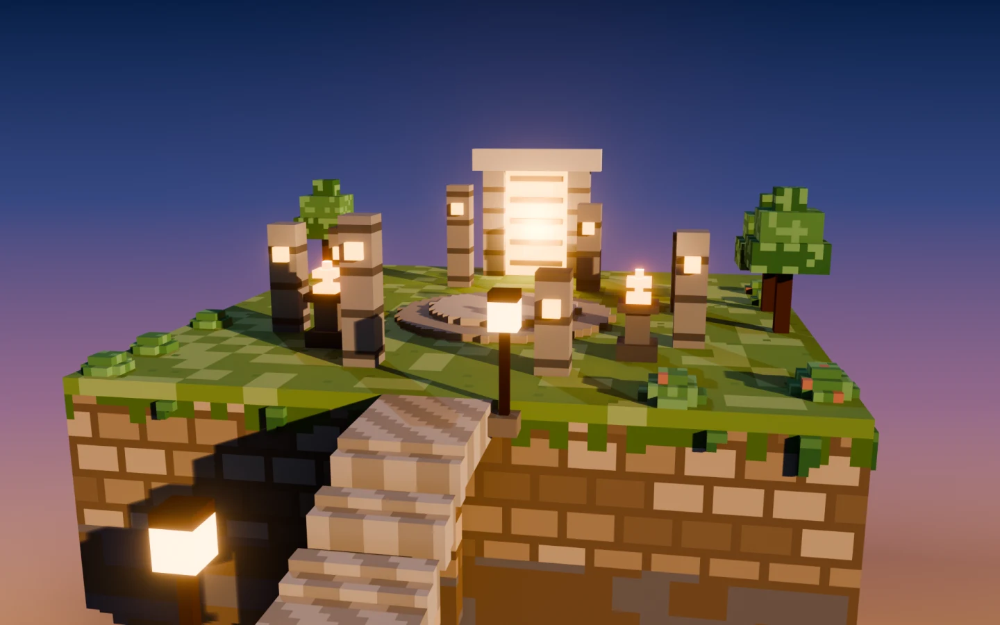 A close view of a voxel arena with crystal cover and a pond.