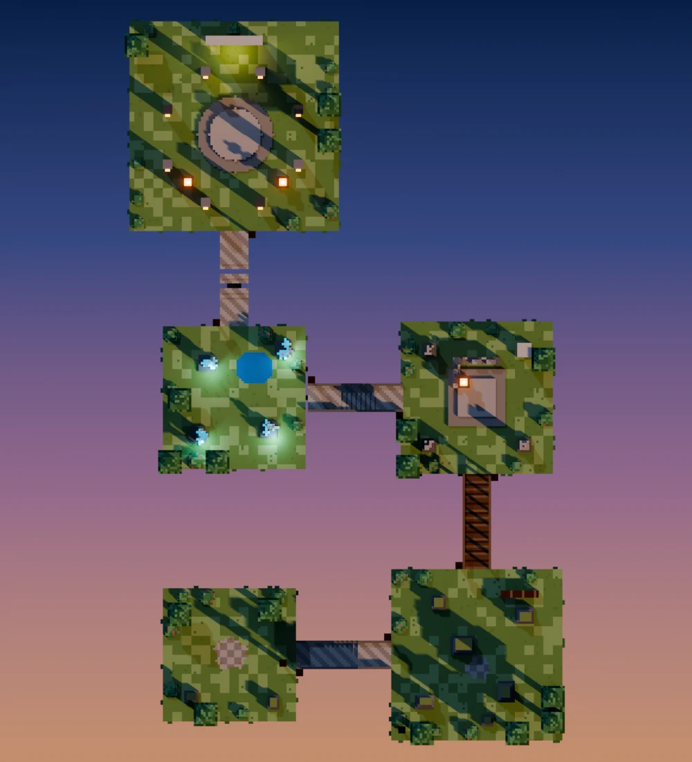 A top-down layout map of the five arenas.