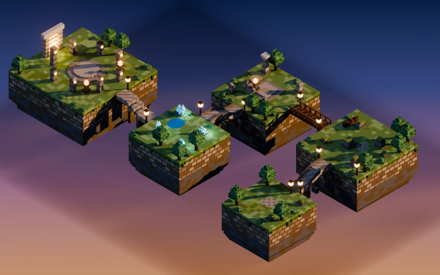 An overview of five floating voxel combat arenas joined by walkways.