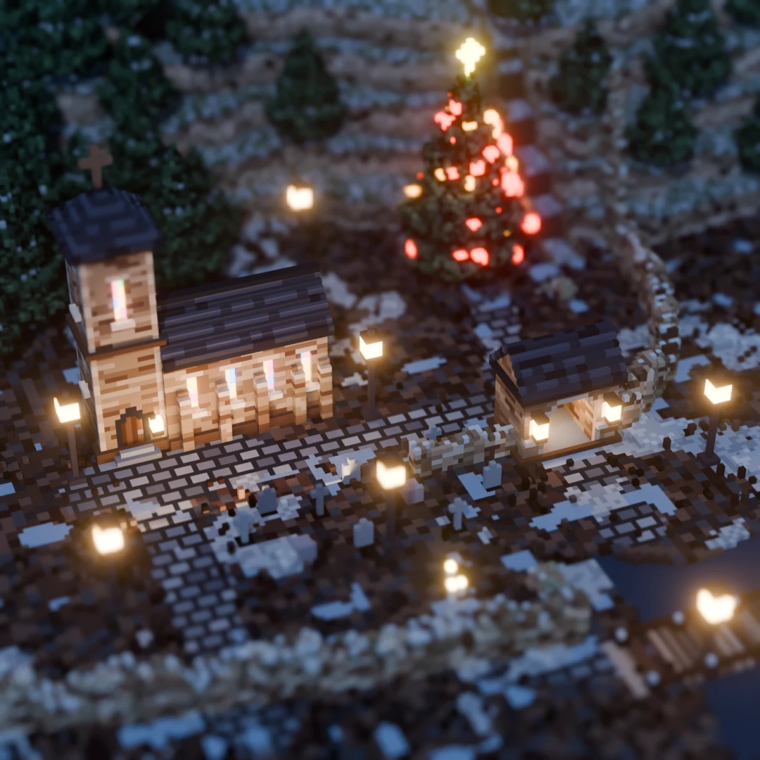 A snowy voxel chapel in tilt-shift.