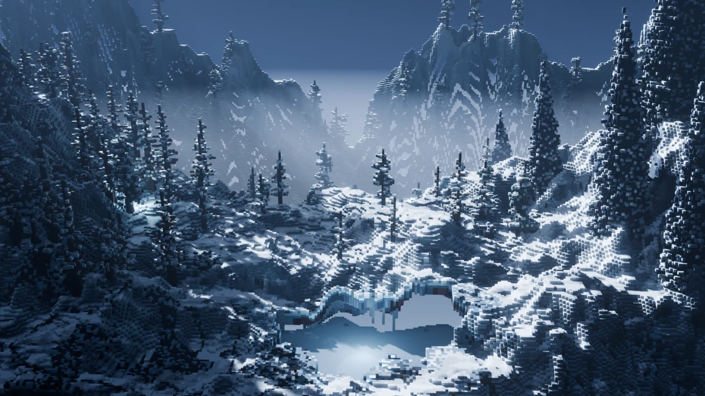 A night-time voxel mountain pass under snow, with dead pines and a frozen stream.